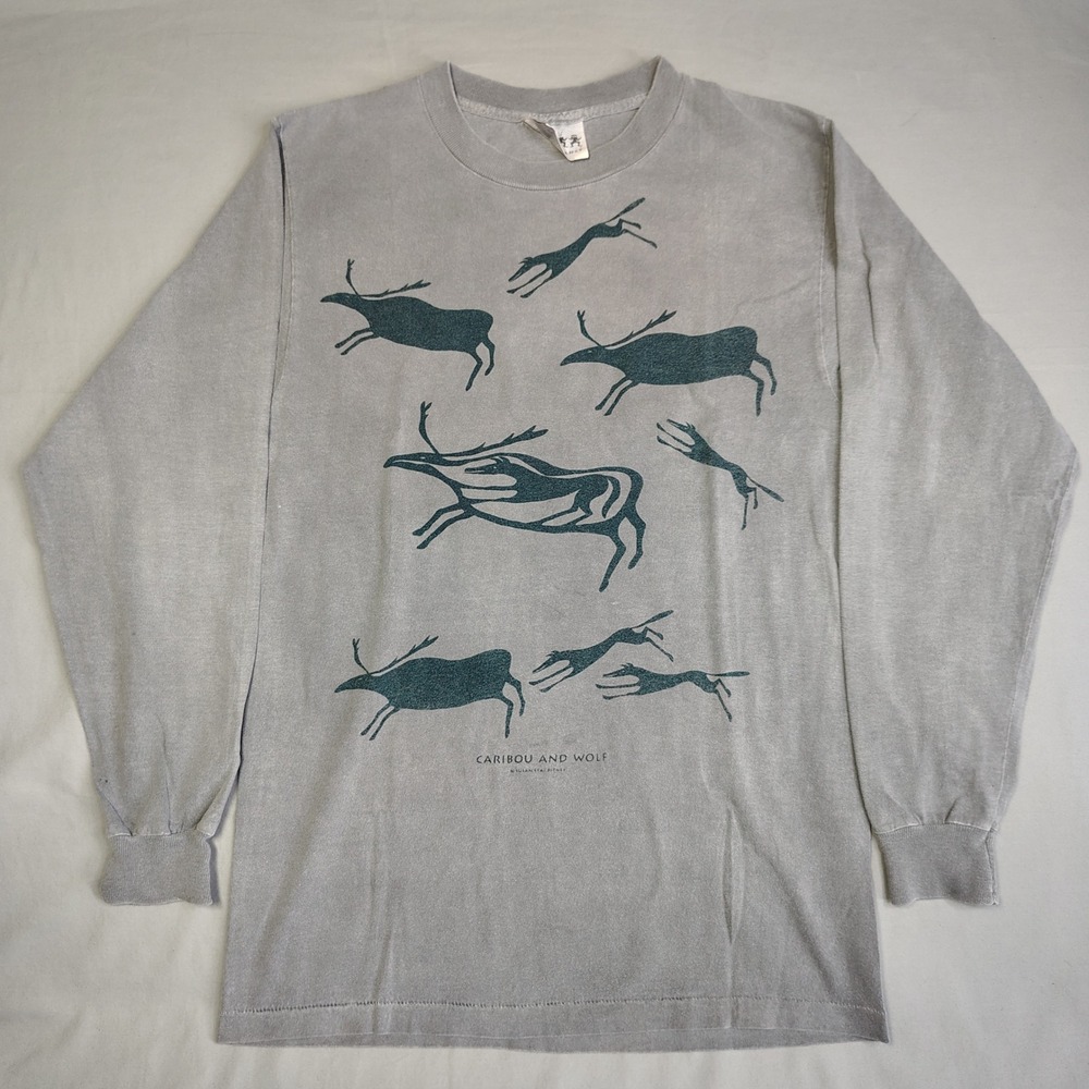 VINTAGE Caribou and Wolf Long Sleeve Shirt Gray Susan Stai Bitney Circle Dance
